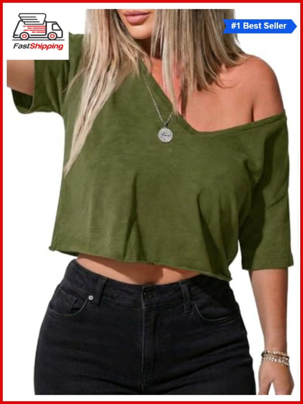 Off Shoulder Crop Top Summer Deep V Neck Loose Tee Short Sleeve Solid Casual